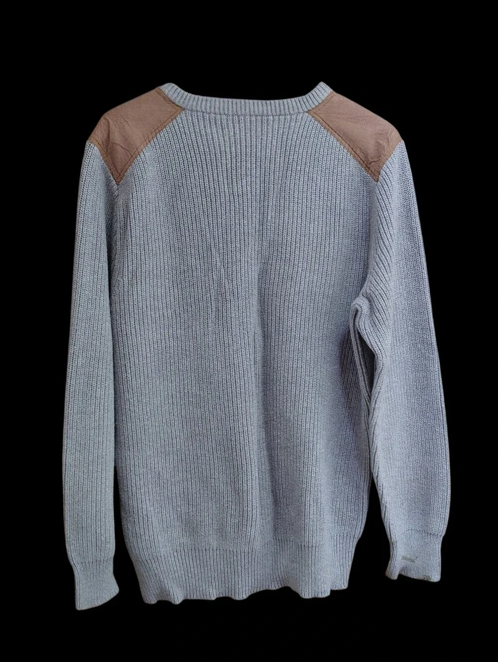 J. Crew Woodsmen Gray Crewneck Ribbed Sweater with Tan Shoulder Patches Size L